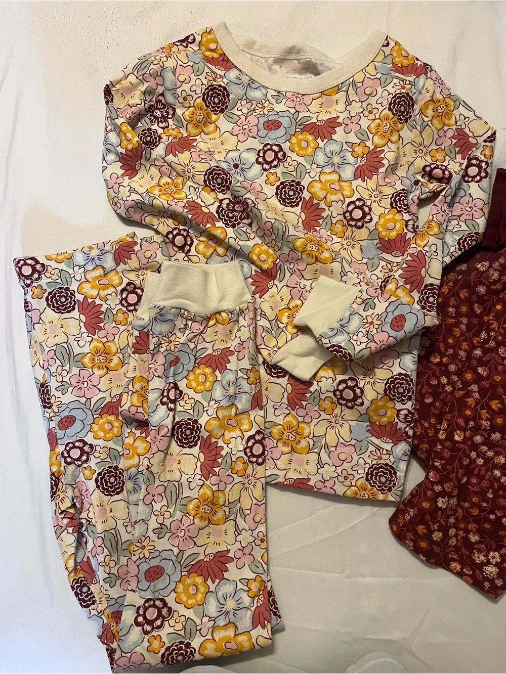 BUNDLE Kids Floral Long Sleeve Pajama Set - Burgundy & Cream